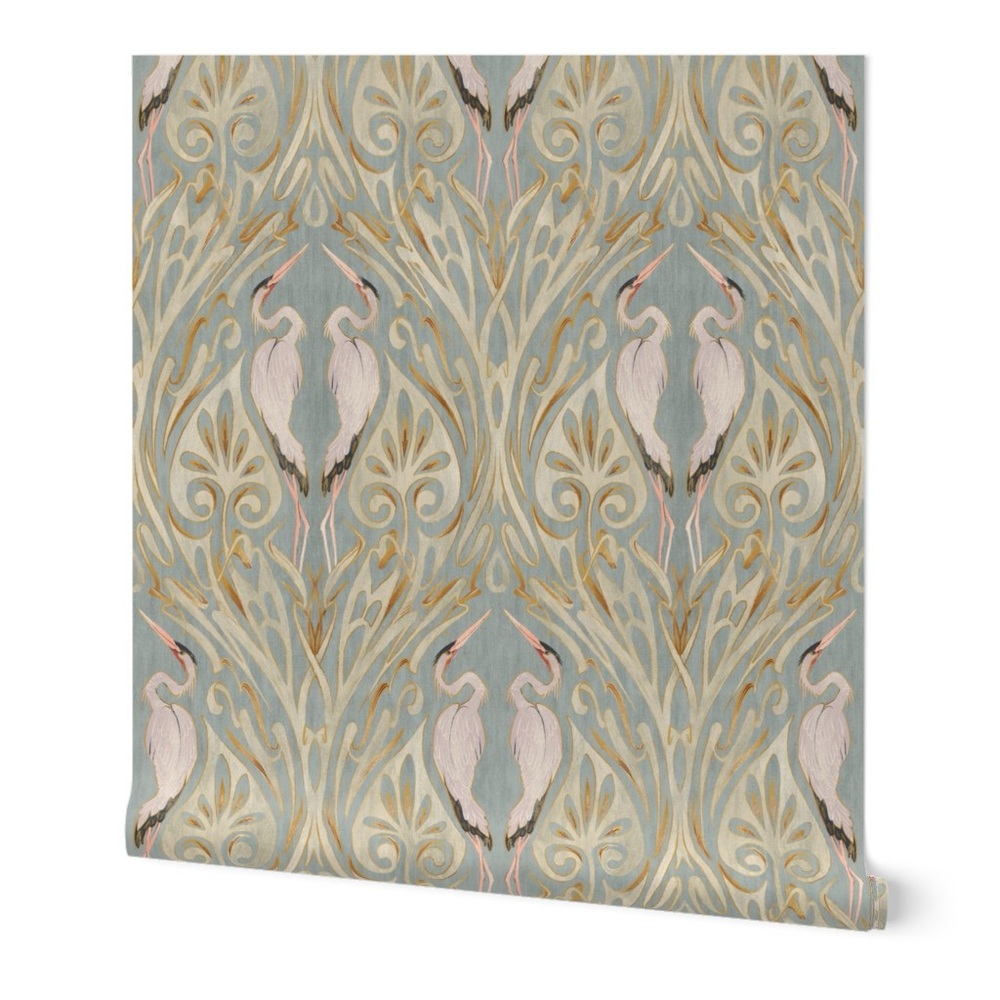 NWT SPOONFLOWER Wallpaper Art Nouveau Cranes Pre Pasted 2 Rolls 14309427 Tropics
